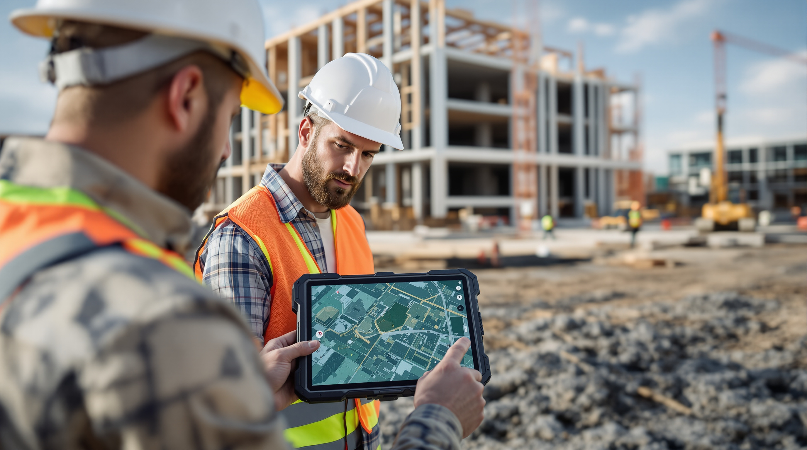 Construction team reviewing DroneDeploy mapping data on tablet at active job site